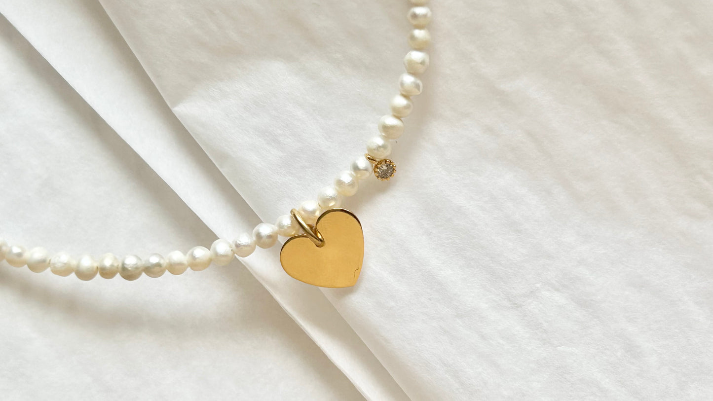 Collier Cœur plaqué or, solitaire zircon et véritables Perles d’eau douce naturelles, ne ternit pas