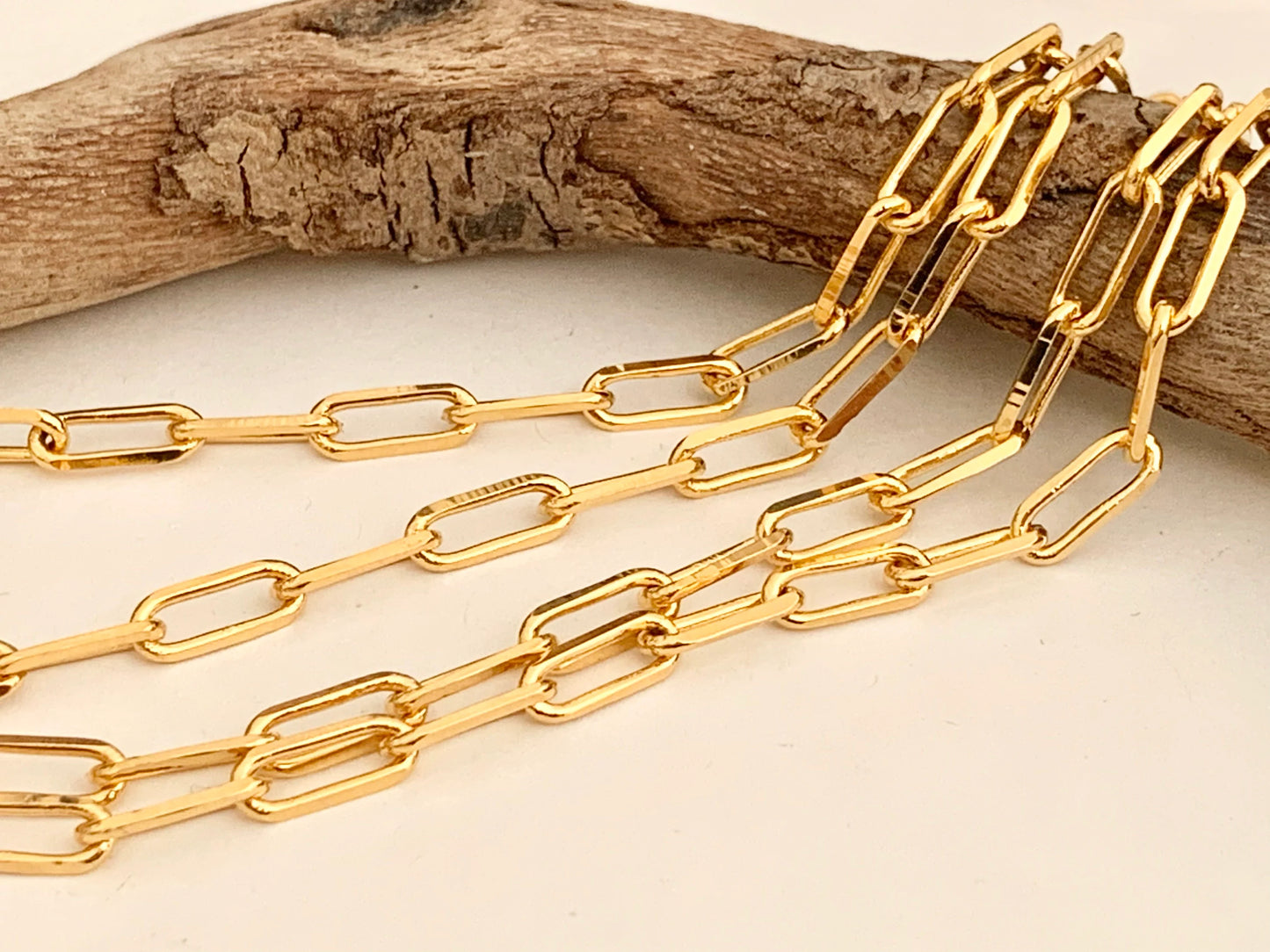 24K Chaîne maille rectangle 3,5x9mm brillante, morceau de CHAÎNE TROMBONE en plaqué or 24 K Haute Qualité