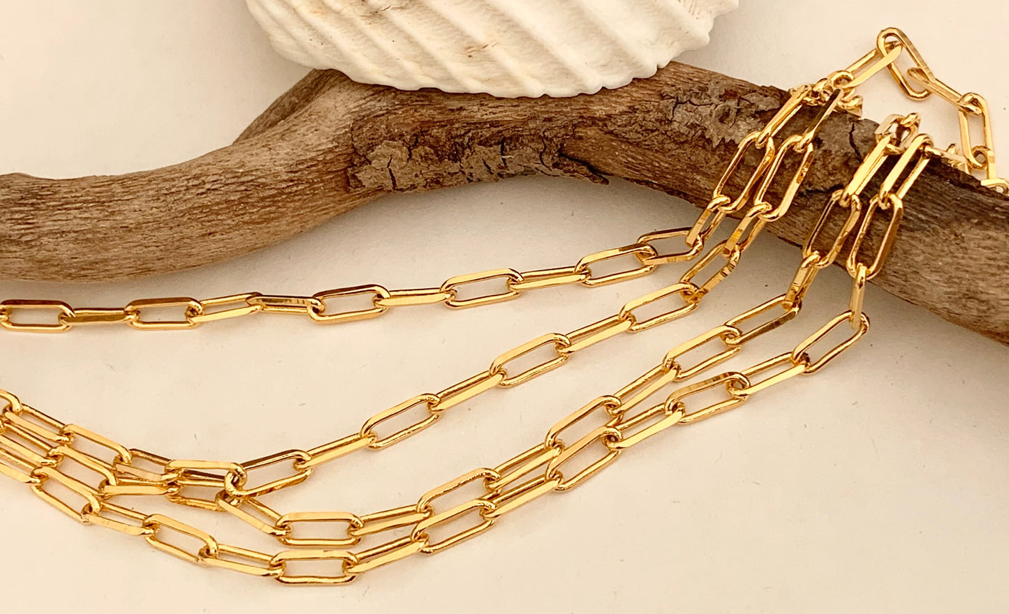 24K Chaîne maille rectangle 3,5x9mm brillante, morceau de CHAÎNE TROMBONE en plaqué or 24 K Haute Qualité