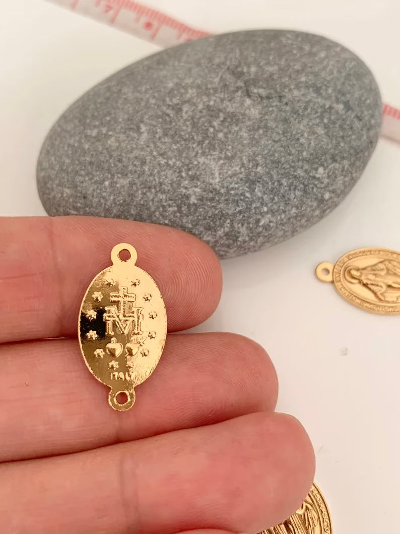 Connecteur Médaille Vierge GM, Madone en plaqué or pour chapelet ou créations de bijoux 22x12mm