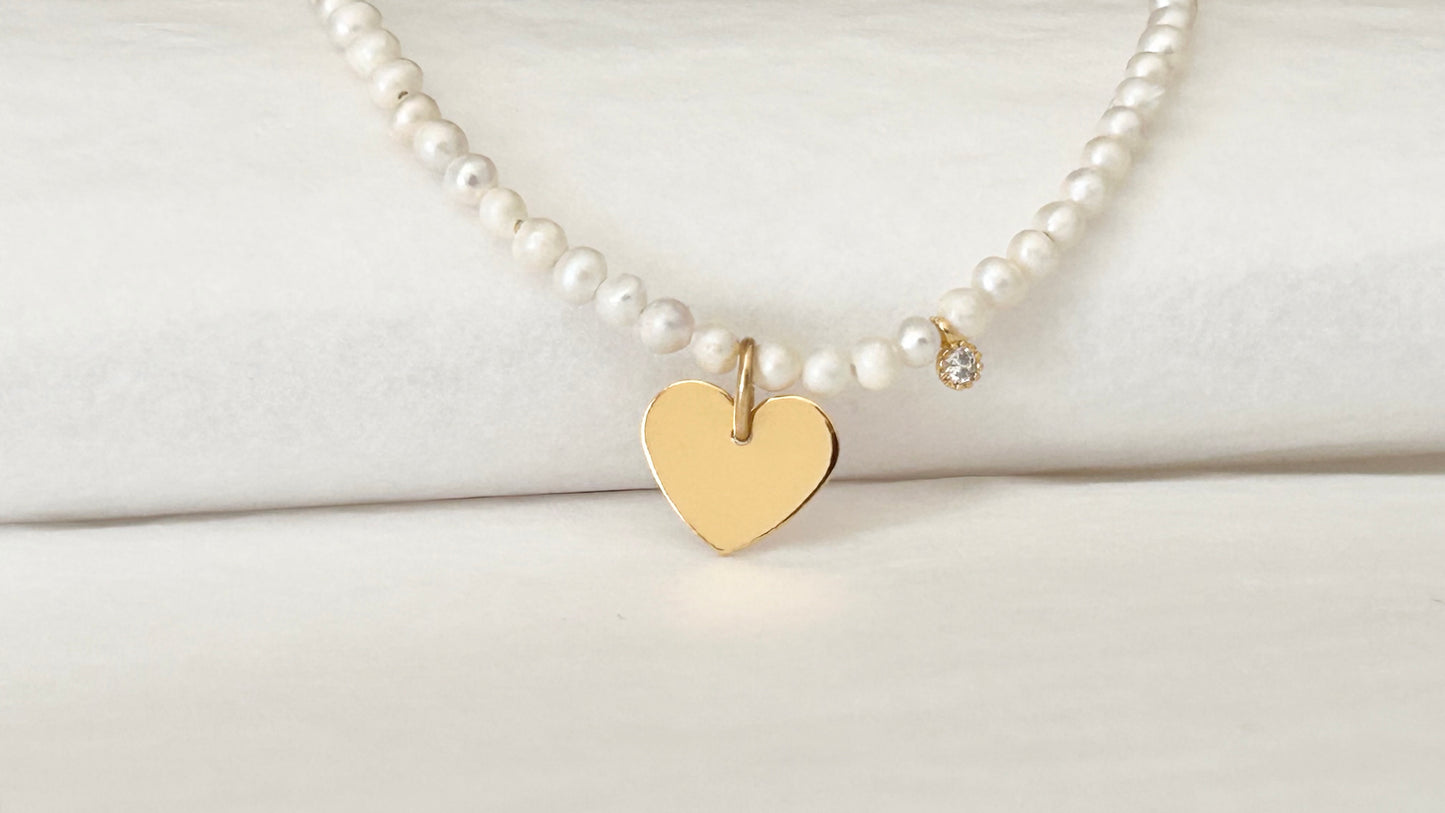 Collier Cœur plaqué or, solitaire zircon et véritables Perles d’eau douce naturelles, ne ternit pas
