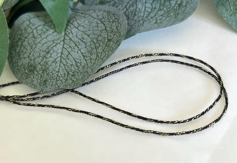2 mètres fil coton et lurex 1mm, noir et doré, pour bracelet, collier, créations de bijoux ou macramé
