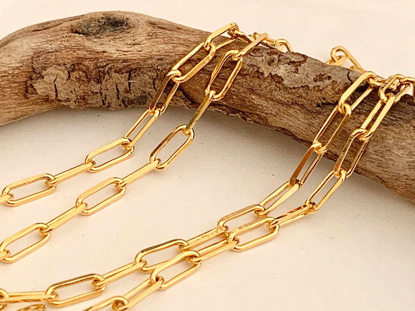 24K Chaîne maille rectangle 3,5x9mm brillante, morceau de CHAÎNE TROMBONE en plaqué or 24 K Haute Qualité