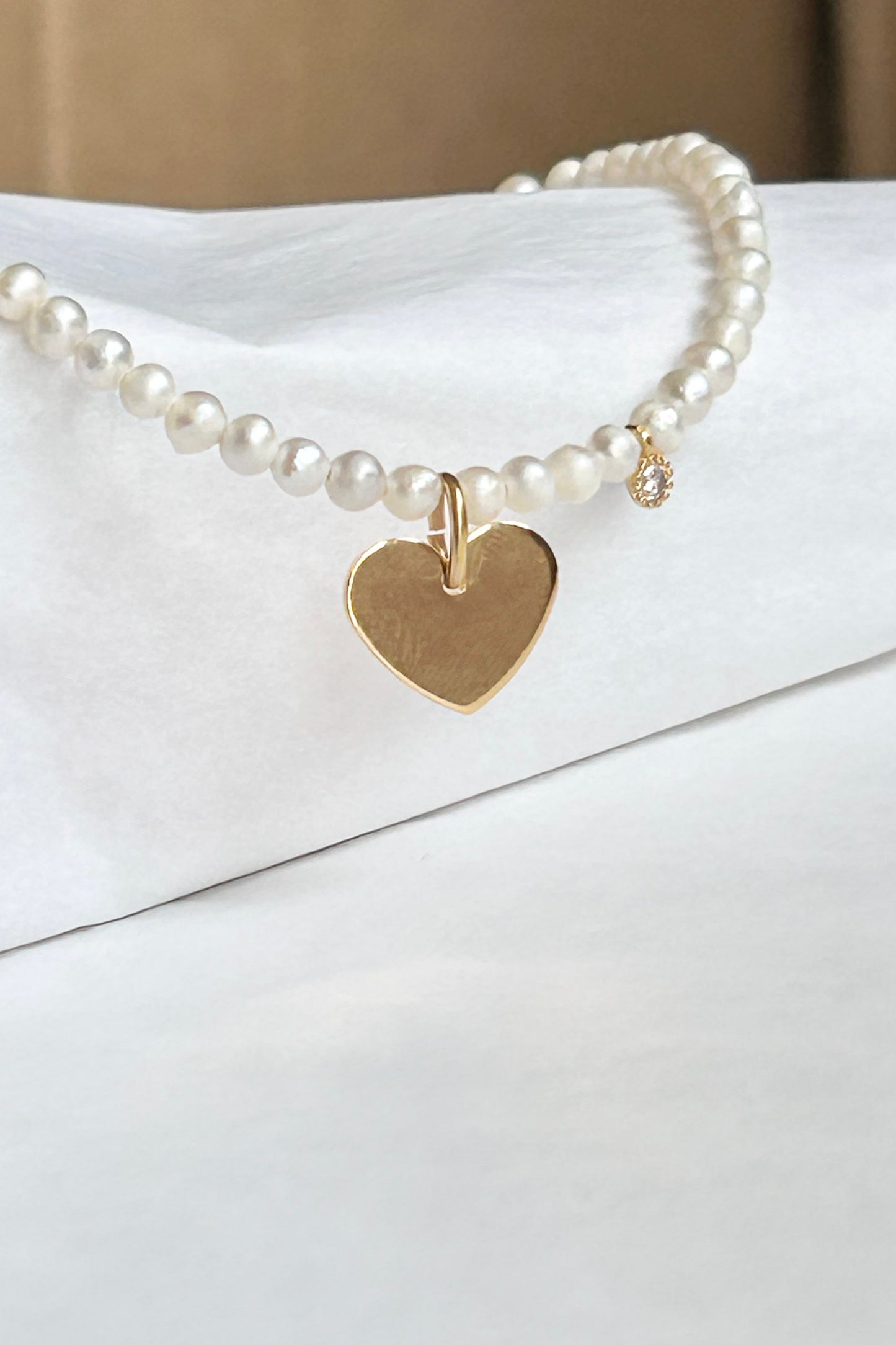 Collier Cœur plaqué or, solitaire zircon et véritables Perles d’eau douce naturelles, ne ternit pas