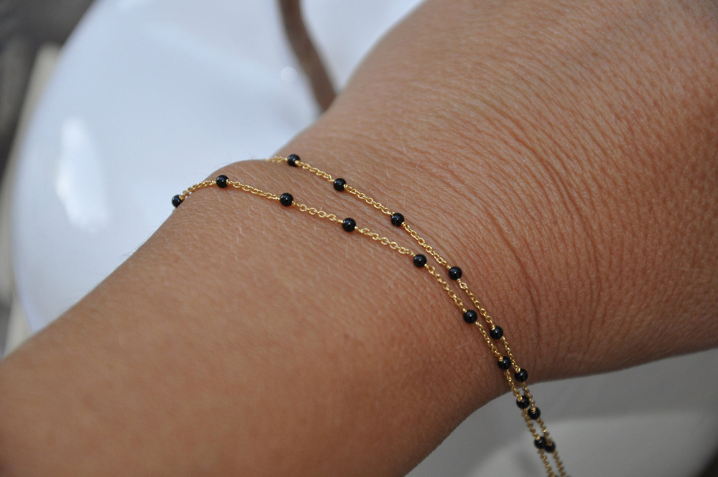 22K Chaîne maille 1,2 mm et perles véritable onyx 2 mm plaqué or 100% français