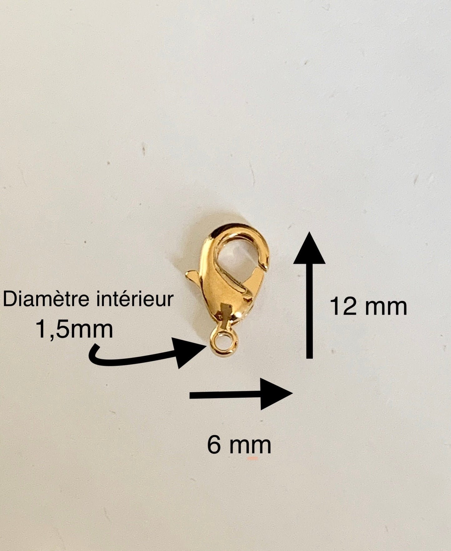 Fermoir mousqueton 12mm plaqué or 3 microns base laiton