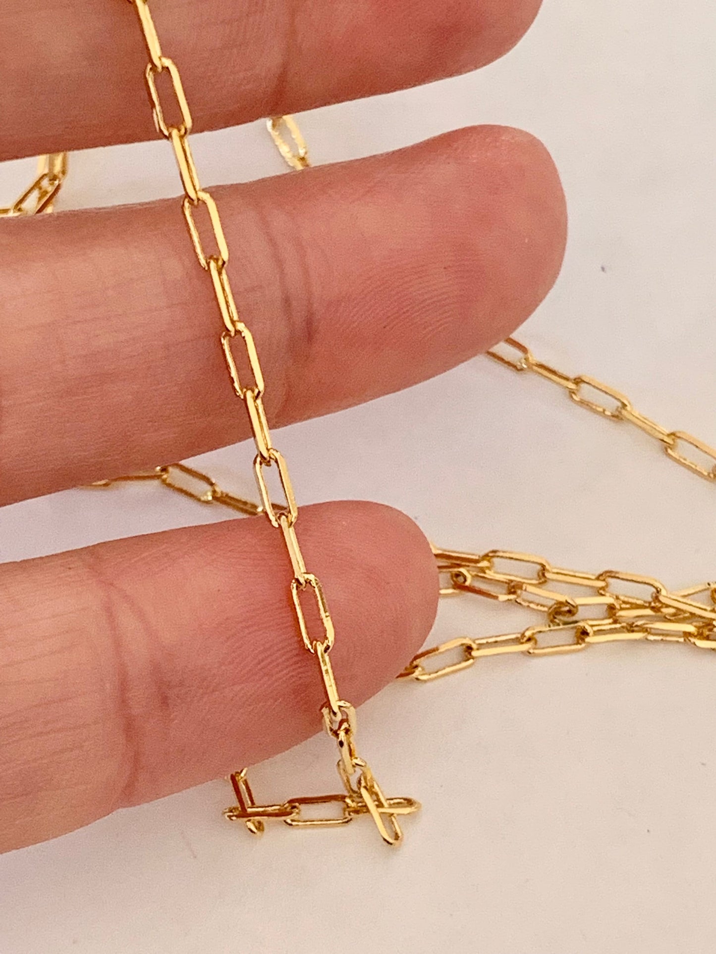 24K Chaîne maille rectangle 1.8x4.9mm ultra brillante, morceau de 50cm de CHAÎNE TROMBONE en plaqué or 24 K Haute Qualité