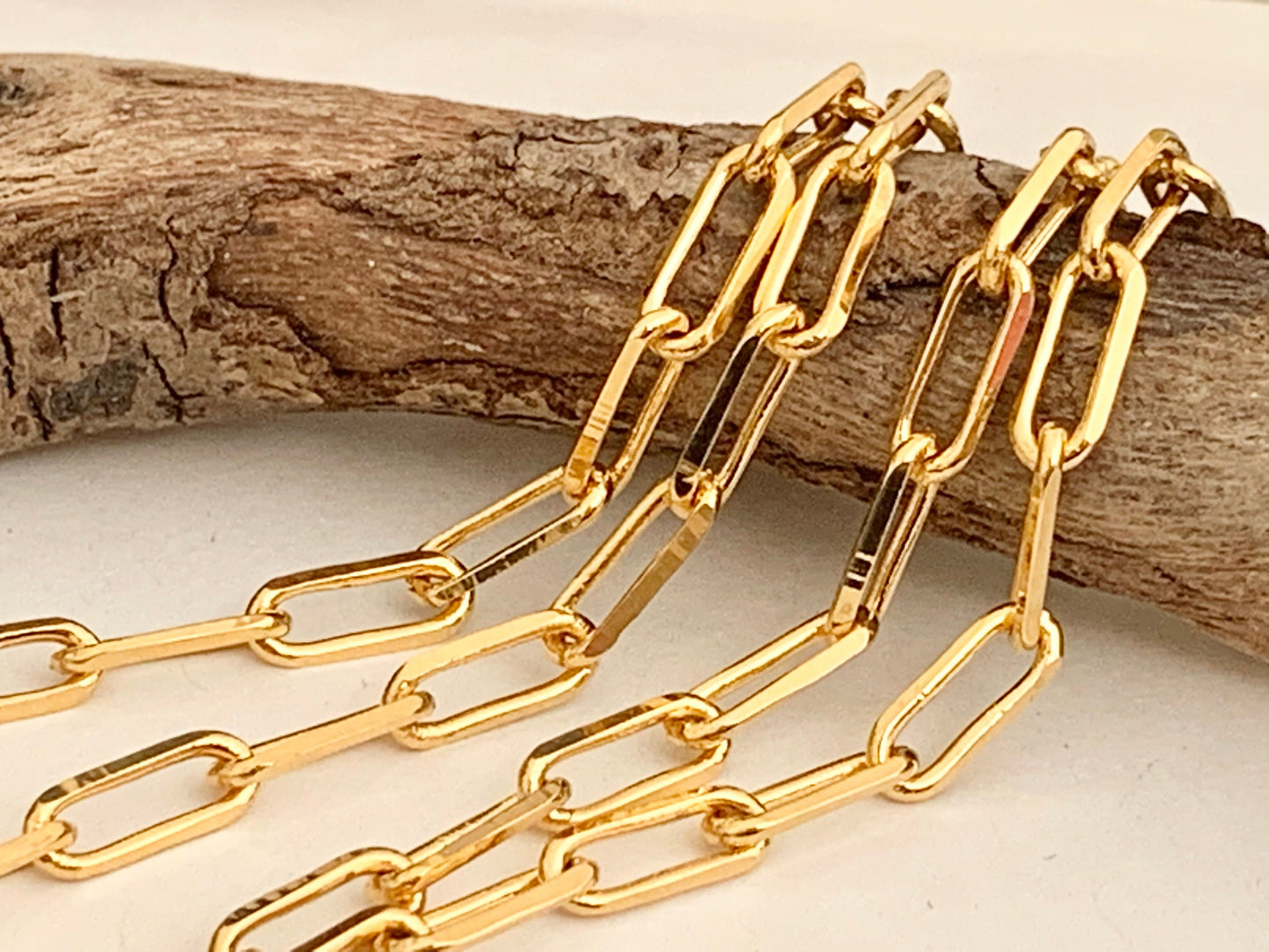 24K Chaîne maille rectangle 3,5x9mm brillante, morceau de CHAÎNE TROMBONE en plaqué or 24 K Haute Qualité