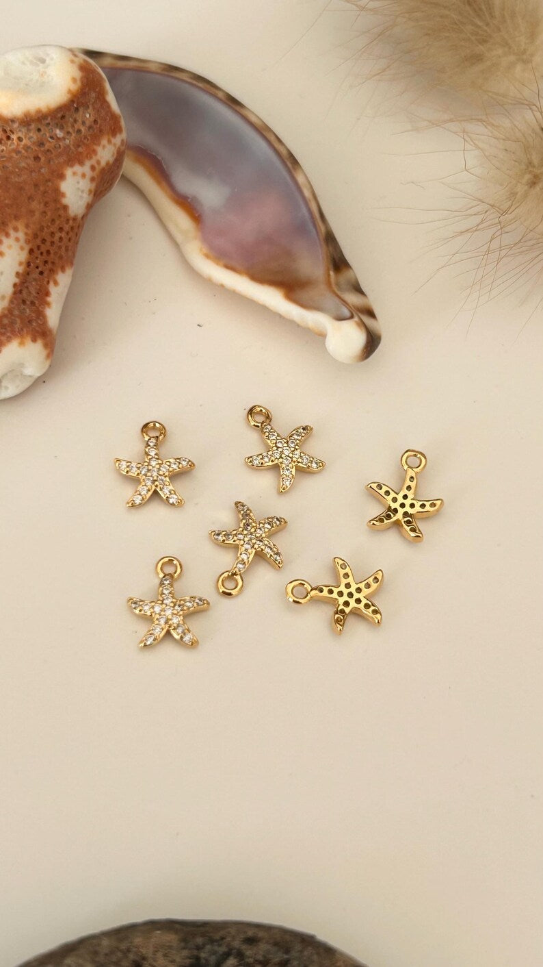 Étoile de mer 8mm strass et plaqué or plaqué or 24 carats, étoile mer plaqué or 24 K, petits diamants zircon