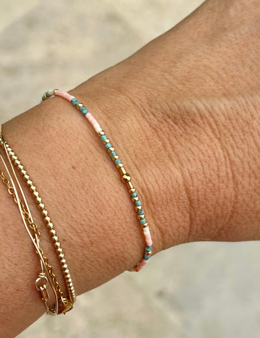Bracelet Miyuki Rose poudré, Doré et Picasso Turquoise – Perles Japonaises Picasso Minimaliste