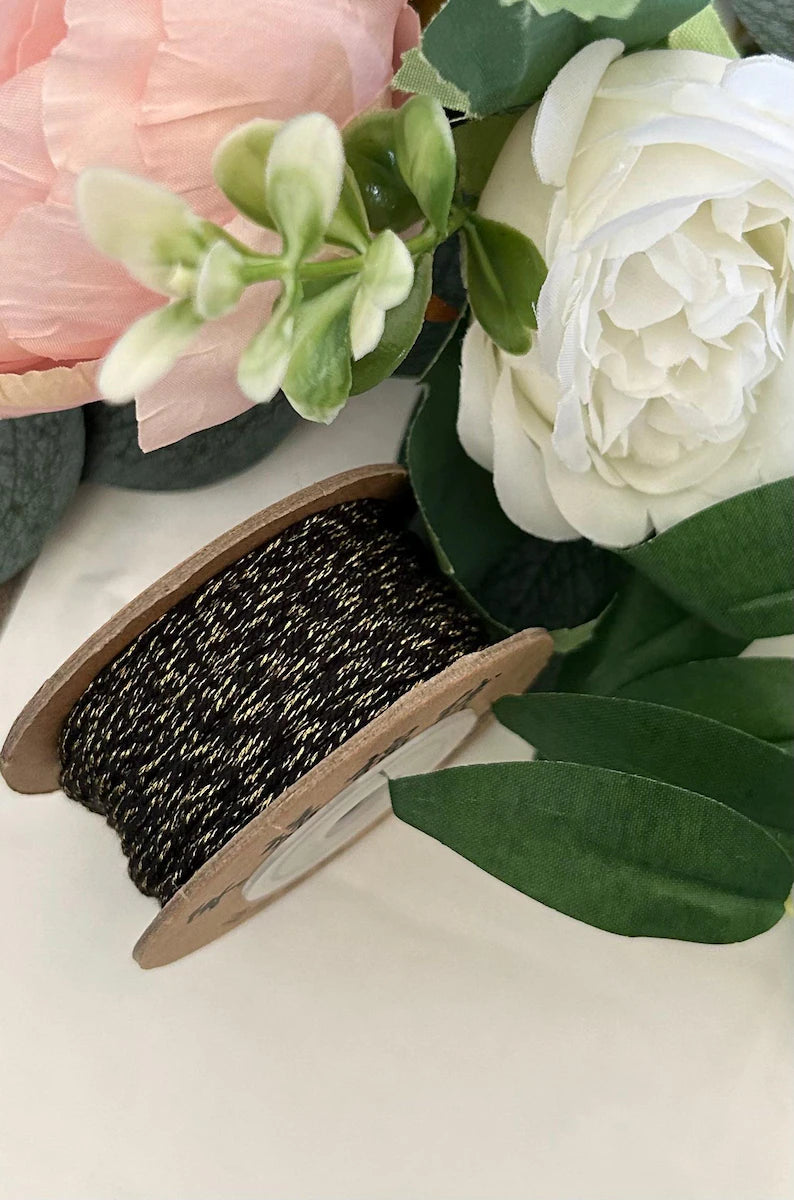 2 mètres fil coton et lurex 1mm, noir et doré, pour bracelet, collier, créations de bijoux ou macramé