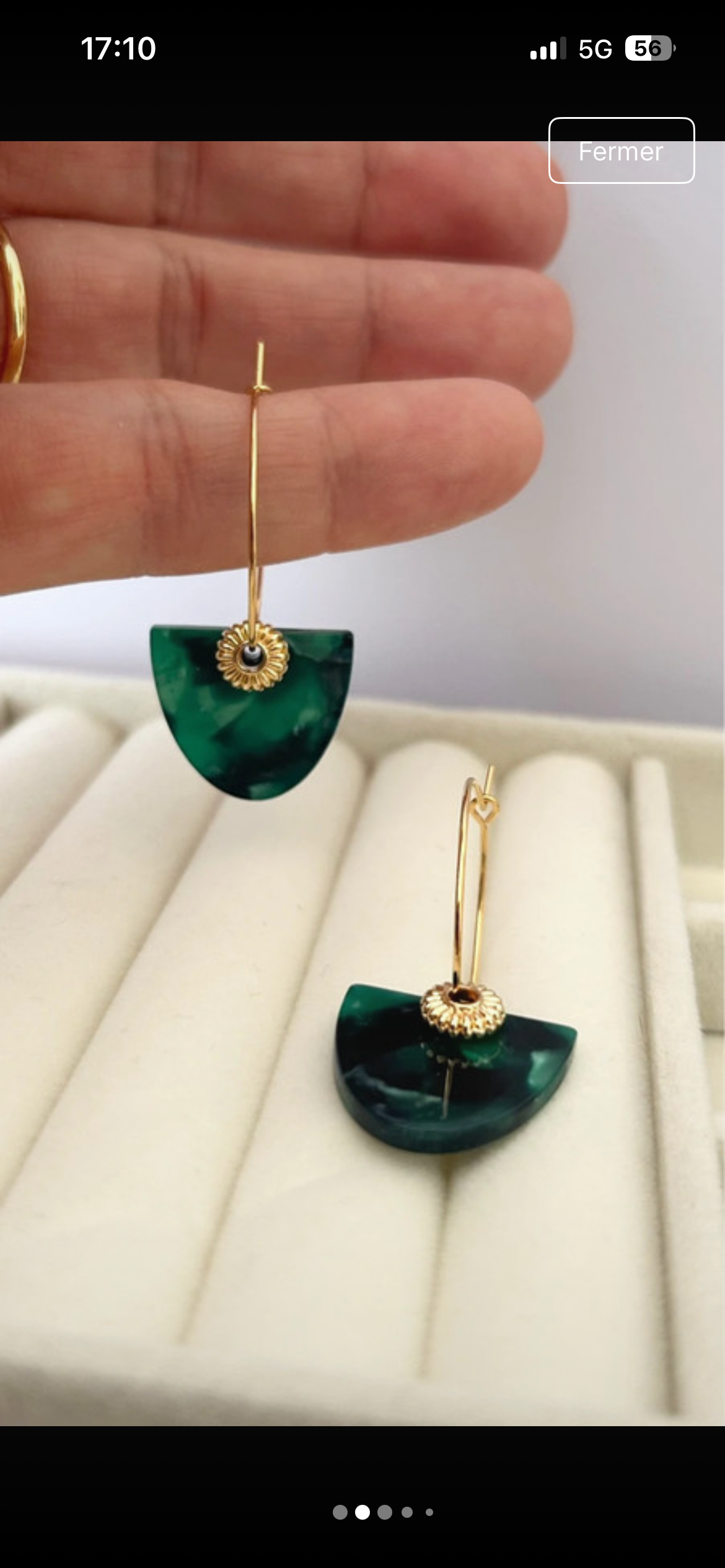 Boucles d'oreilles dorées et vertes, créoles plaqué or Français