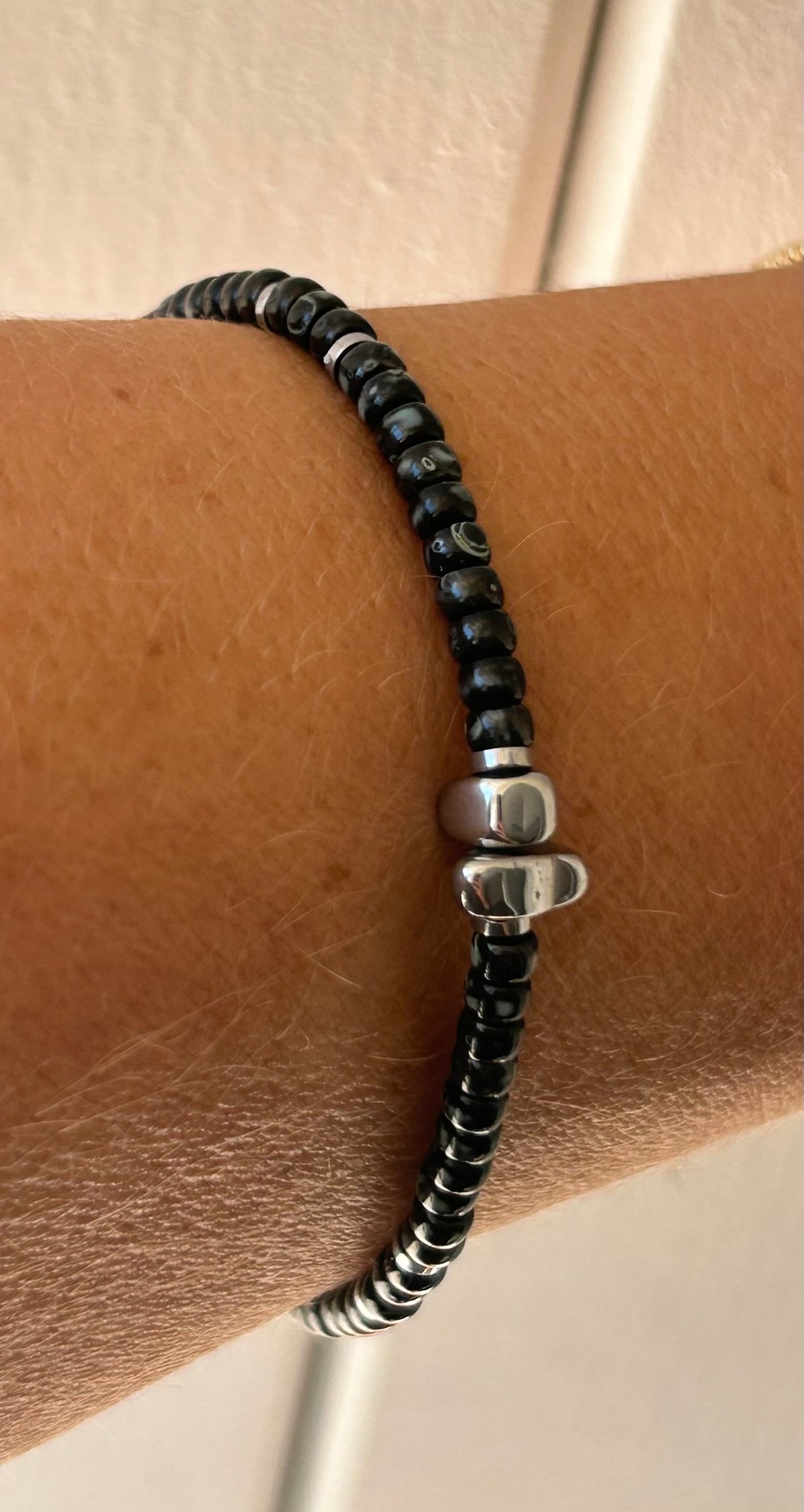 Bracelet homme perles argent et Miyuki noires