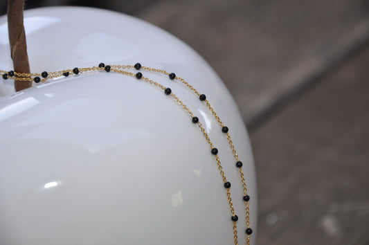 22K Chaîne maille 1,2 mm et perles véritable onyx 2 mm plaqué or 100% français