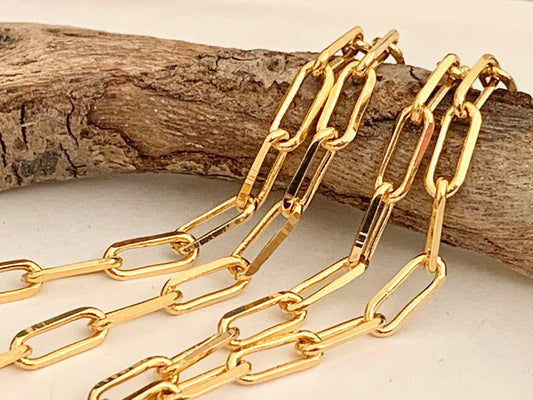 24K Chaîne maille rectangle 3,5x9mm brillante, morceau de CHAÎNE TROMBONE en plaqué or 24 K Haute Qualité
