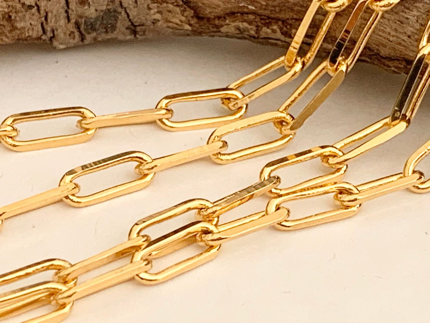 24K Chaîne maille rectangle 3,5x9mm brillante, morceau de CHAÎNE TROMBONE en plaqué or 24 K Haute Qualité
