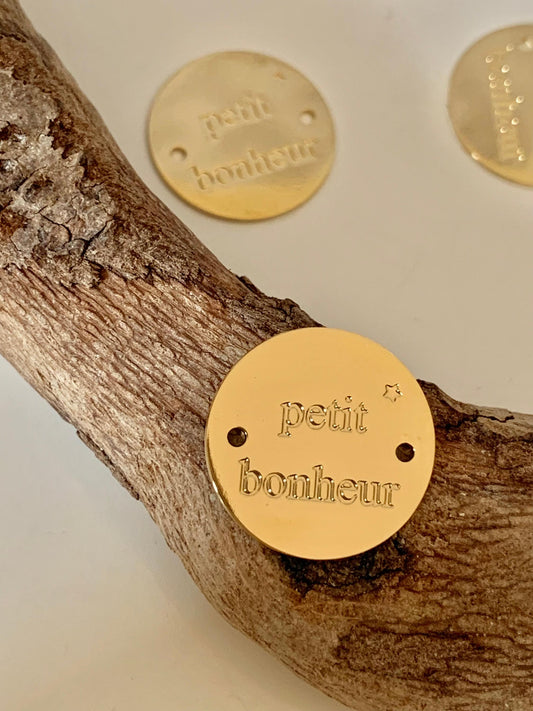 Connecteur 15mm plaqué or, médaille connecteur double face ‘’Petit bonheur’’ doré