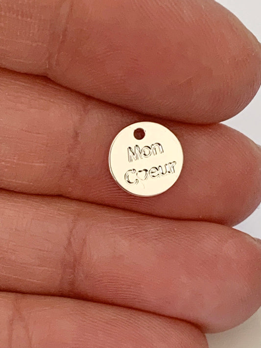Médaillon, breloque 9mm plaqué argent, « Mon Coeur » plaqué argent 10 microns